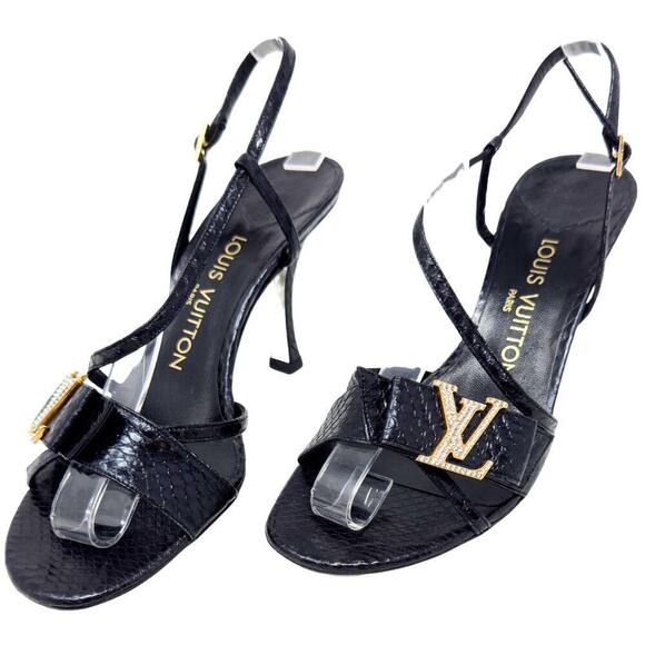 Louis Vuitton LV Logo Gold Black Crystal Snake Leather Strappy Heels Sandal EU37 - Picture 1 of 13